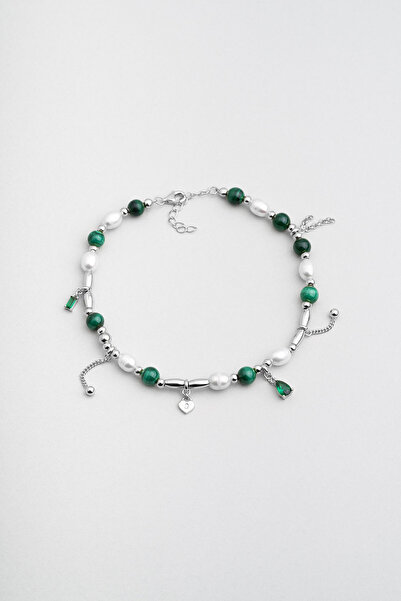 So CHIC... Malahit ve İnci Taşlı 18 Ayar Beyaz Altın Kaplama 24 Cm Gümüş Tasarım Hal Hal