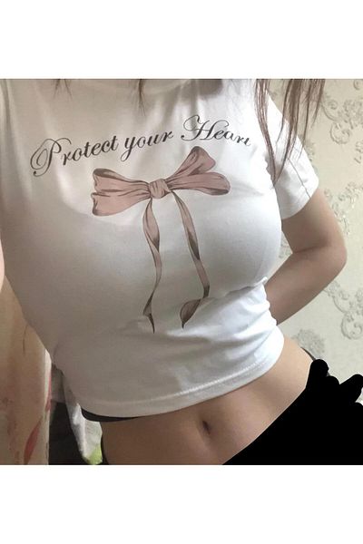 weywot Worm Boutique Y2k Ζώνη Oversize Protect Your Heart Printed White Crop