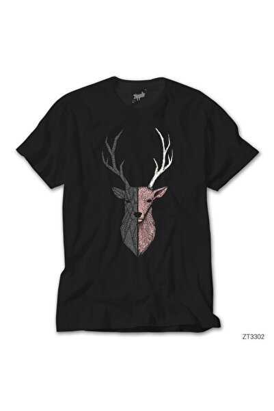 WAKHA Μαύρο μπλουζάκι με σχέδιο ελαφιού