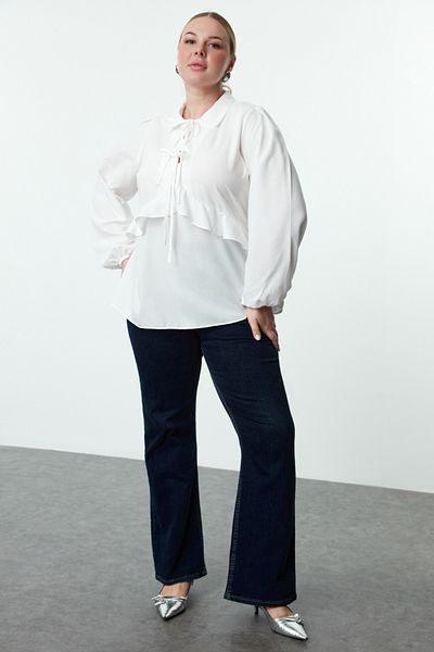 Trendyol Curve Plus Size White Ruffle Long Sleeve Blouse - Tbbaw25af00035