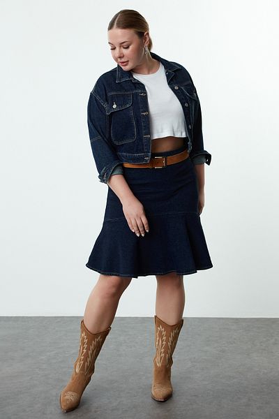 Trendyol Curve Dark Blue Skirt Frilly Denim Large Size Skirt Tbbaw25Az00021