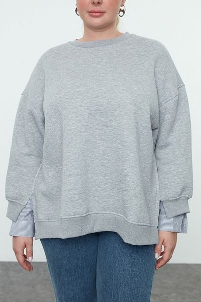 Trendyol Curve Plus Size Gray Knitted Sweatshirt - Oversize Fit, Removal Look, Tbbaw25Ao00000