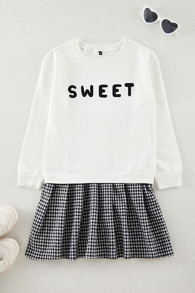 TRENDYOLKIDS Ecru Slogan Bavlněné pletené šaty - Tkdaw25El00010