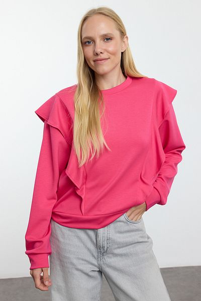 Trendyol Collection Fuchsia Strick-Sweatshirt - Bequeme Passform, Rüschendetail Twoaw25sw00080