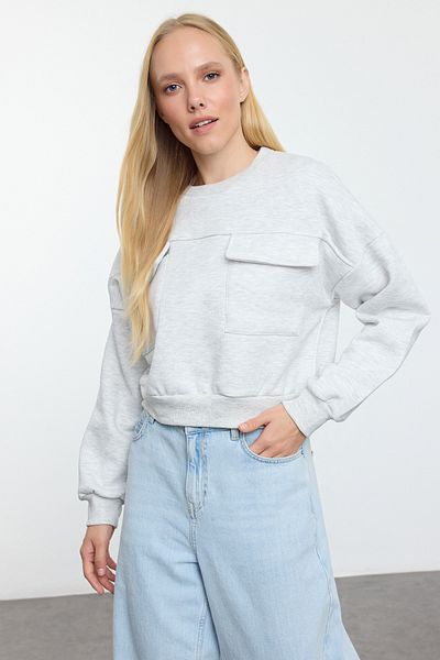 Trendyol Collection Ecru Knitted Sweatshirt - Pocket Detail, Crop/short Fit Twoaw25sw00229
