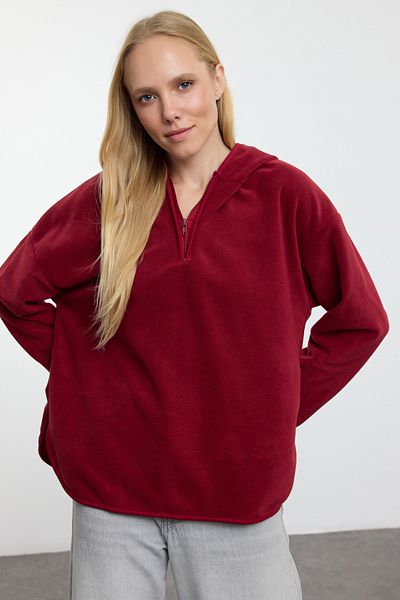 Trendyol Collection Hanorac tricotat supradimensionat cu glugă din lână bordeaux - TWOAW22SW2063