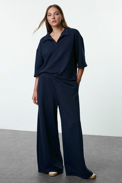 Trendyol Collection Sötétkék pólógallér, háromnegyedes ujjú kötött szett – laza szabású Twoaw25au00109
