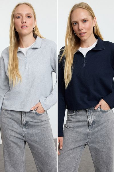 Trendyol Collection Thessaloniki sötétkék-szürke 2 csomagos, cipzáras gallérral, normál szabású kötött pulóver - TWOAW25sw00120