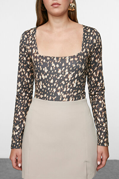 Trendyol Collection Stretchy Square Collar Long Sleeve Snap Knitted Body - Multicolor, Fitted Twoaw25Bd00018