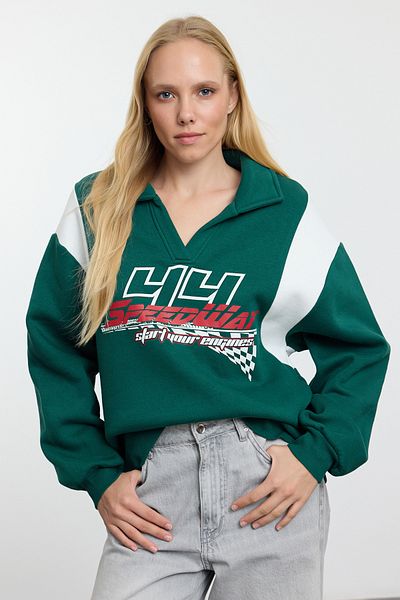 Trendyol Collection Μπλουζάκι Polo Collar Emerald Green Oversize - Χοντρό εσωτερικό, Fleece, Πλεκτό TWOAW25sw00174