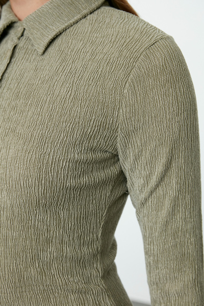 Trendyol Collection Khaki Colored Plain Polo Collar Textured Knitted Dress - Button Detail, Fitted Twoaw25El00318