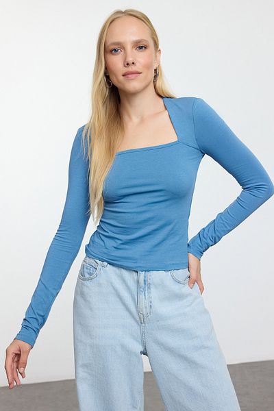 Trendyol Collection Ευέλικτη τετράγωνη μπλούζα με κολάρο Indigo βαμβακερή με σώμα - Twoaw24bz00165