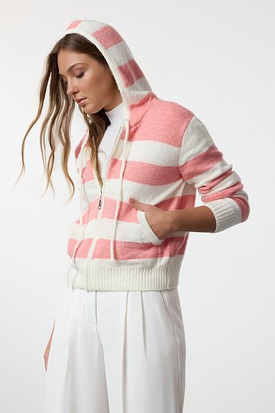 Trendyol Collection Soft Textured Hooded Ecru Knitwear Cardigan - Zippered TWOAW25HI00209