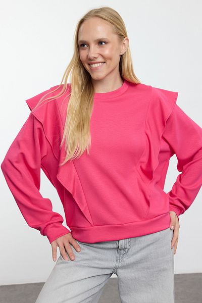 Trendyol Collection Fuchsia Strick-Sweatshirt - Bequeme Passform, Rüschendetail Twoaw25sw00080