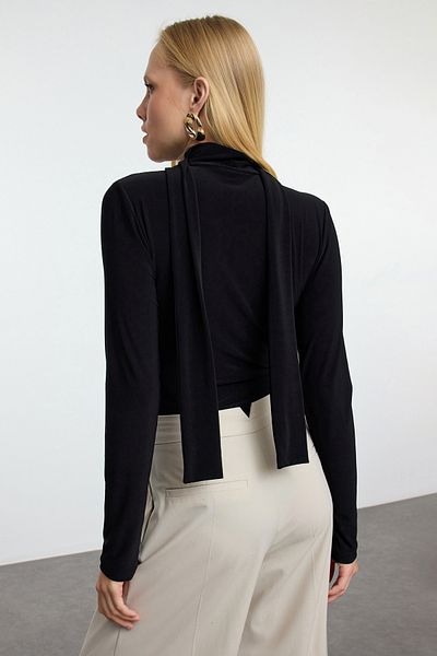 Trendyol Collection Διπλό γιακά Μαύρο πλεκτό κορμάκι - Λεπτομερής γραβάτα, εφαρμοστή, λεπτή εφαρμογή Twoaw25Bd00015