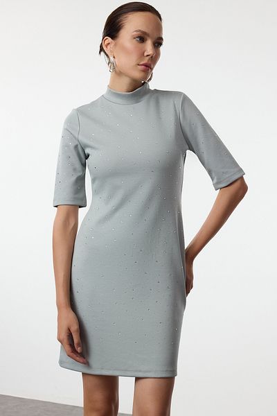 Trendyol Collection Light Anthracite Jewelled Short Sleeve Mini Knitted Pencil Dress - Skater Style Twoaw24El00395