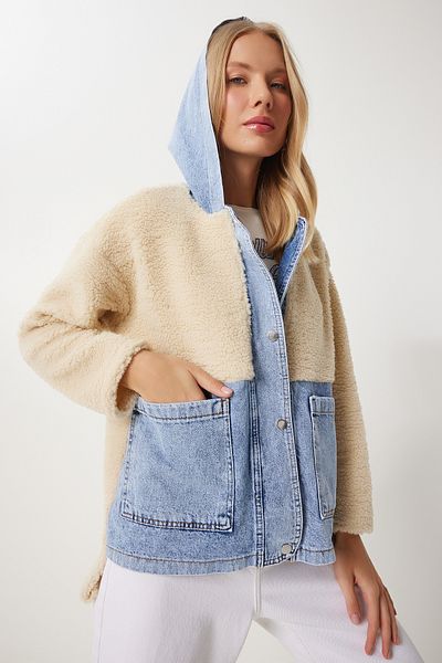 Happiness İstanbul Cremeblaue Plüschjacke – Kapuzenpullover und Jeansdetails, NT00435