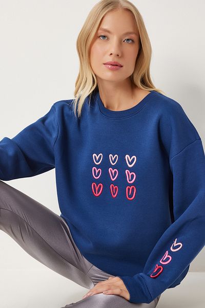 Happiness İstanbul Marineblaues Damen-Sweatshirt mit aufgesticktem Herz und Roségold OW00004