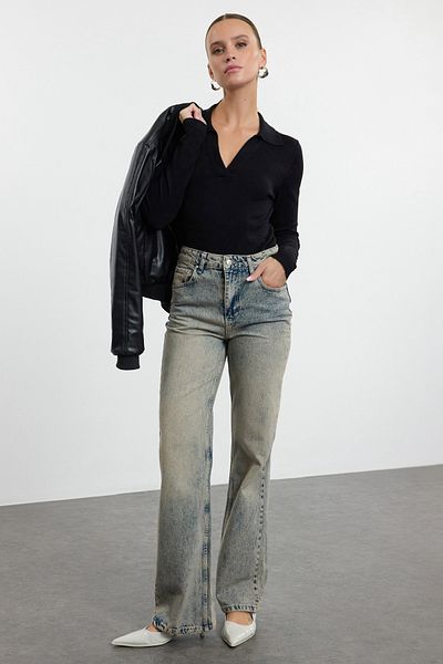 Trendyol Collection Blugi vintage cu talie înaltă, cu picioare largi, albaștri - Efect decolorat, TWOAW25JE00093