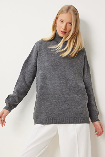 Happiness İstanbul Šedý rolák oversize dámský svetr - Bv00084