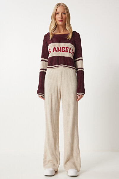 Happiness İstanbul Beige Corded Women's Knitwear Trousers - Ki̇00096