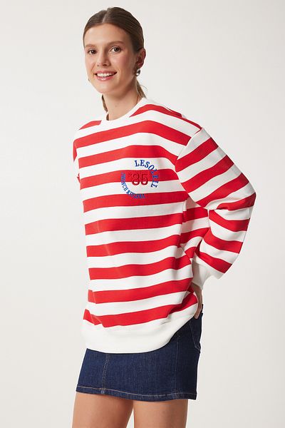 Happiness İstanbul Ecru-rotes besticktes Damen-Sweatshirt – MP00029