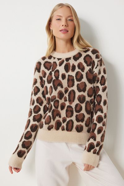 Happiness İstanbul Pulover de damă cu imprimeu leopard bej maro - scurt cu barbă Model PF00097