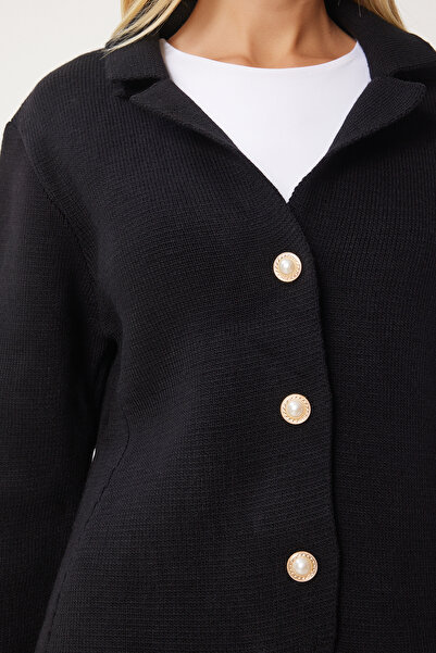 Happiness İstanbul Черна трикотажна жилетка - детайл с перлено копче, дамска, Yu00019