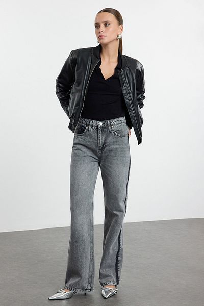 Trendyol Collection High Waist Anthracite Wide Leg Jeans - Sewing Detail Twoaw25Je00116