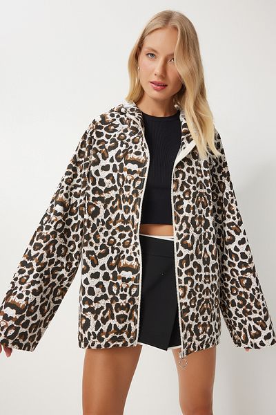 Happiness İstanbul White Brown Leopard Patterned Linen Trench Coat - Hooded, Sa00032