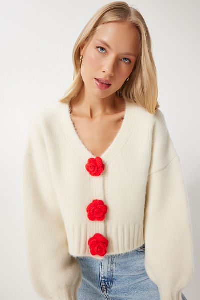 Happiness İstanbul Kremowy damski sweter z dzianiny z pomponem i wzorem kwiatowym - Pf00089