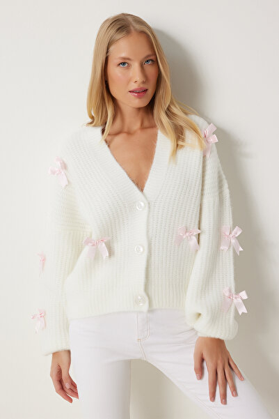 Happiness İstanbul Ecru Knitwear Cardigan – Dámský, Detail mašle, Pf00095