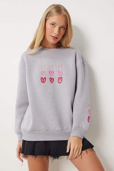 Happiness İstanbul Grau Gesticktes Herz Damen Sweatshirt - OW00004