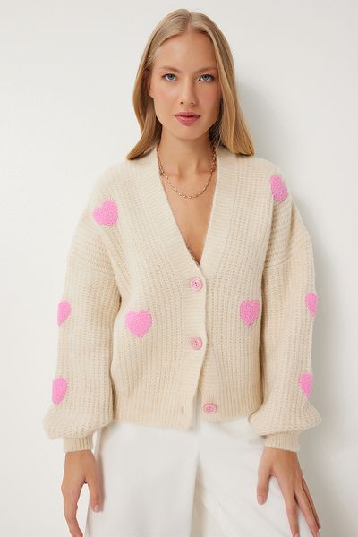 Happiness İstanbul Beżowy oversize'owy sweter z dzianiny - motyw serca, damski, Pf00084