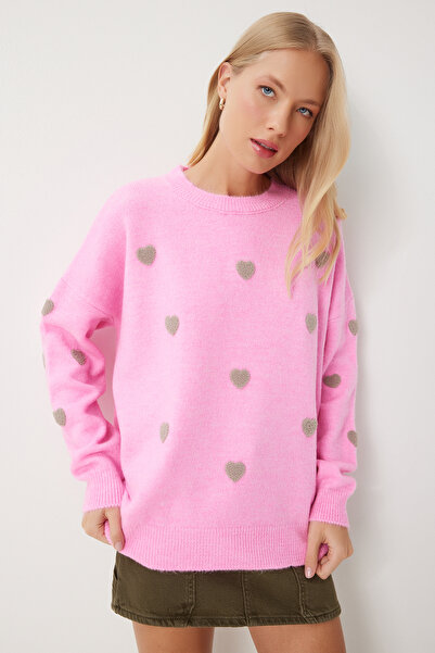 Happiness İstanbul Γυναικείο πουλόβερ με μοτίβο ροζ καρδιάς - PF00088