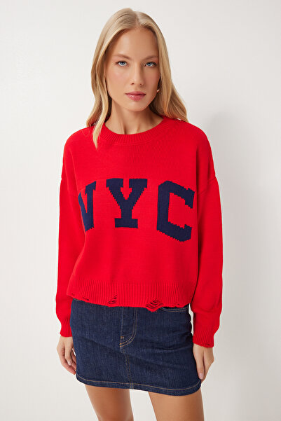 Happiness İstanbul Red Knitwear Sweater - Ripped Detail, Women'S, Dp00215