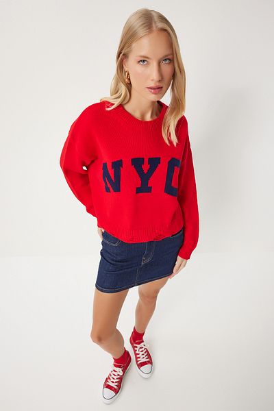 Happiness İstanbul Roter Strickpullover – zerrissenes Detail, Damen, DP00215