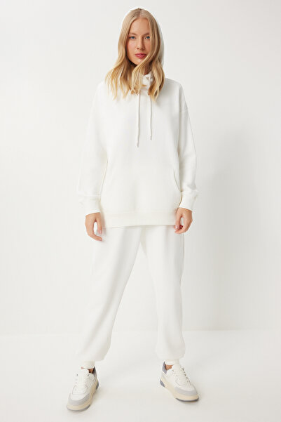 Happiness İstanbul Γυναικεία αθλητική φόρμα εκρού - Φούτερ με κουκούλα και Jogger Oversize PYS0027