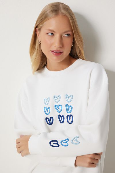 Happiness İstanbul Weißes Damen-Sweatshirt mit Herz-Stickerei in Roségold OW00004