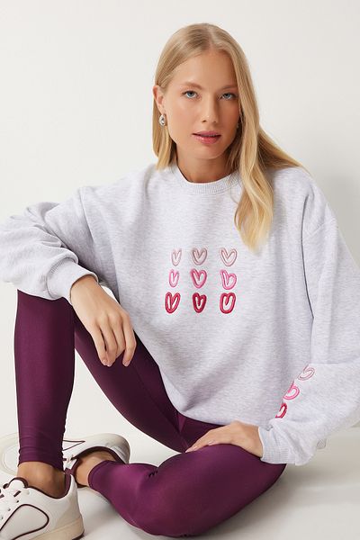 Happiness İstanbul Women's Gray Melange Heart Embroidered Raised Sweatshirt OW00004