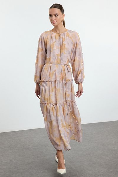 Trendyol Modest Sukienka z szyfonu w kolorze musztardowym z kwiatowym wzorem - TCTAW25EB00113