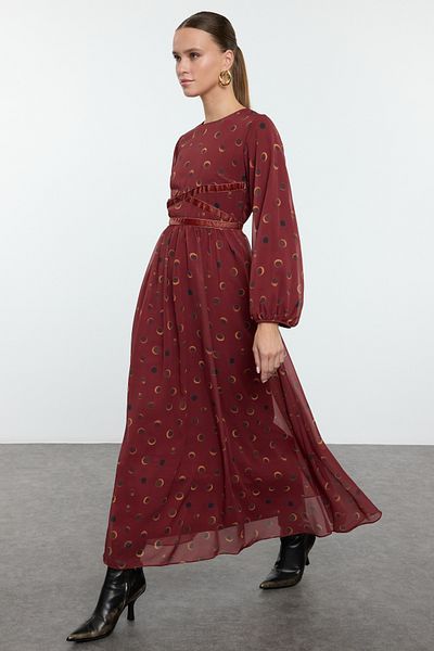 Trendyol Modest Φόρεμα μπορντό σιφόν με λεπτομέρεια υφαντό φόρεμα TCTAW25EB00114