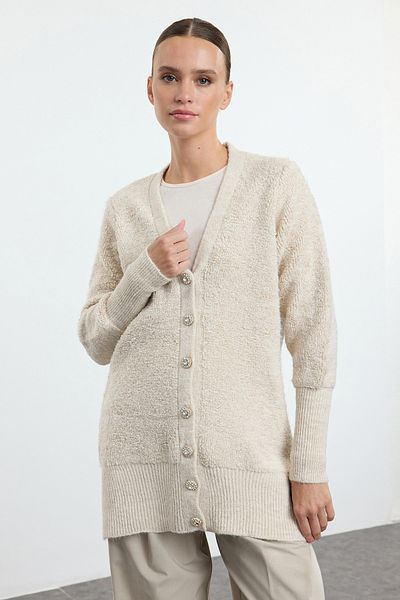 Trendyol Modest Λεπτομερής πλεκτή ζακέτα με μπεζ απαλή υφή TCTAW25TH00023
