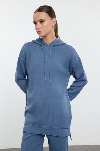 Trendyol Modest Indigó kötöttáru kapucnis pulóver és nadrág szett - TCTAW25US00021
