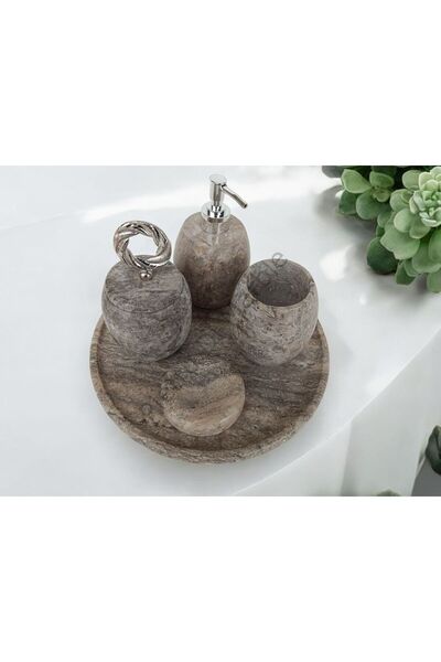 Pietro Di Marble Gümüş Traverten Oval Model 5 Parça Gümüş Renk Halka Aksesuar...