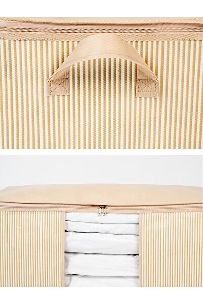 NACAREV 4 Adet Büyük Boy Pencereli Krem Çizgi Desenli Yastık Yorgan Düzenleyici Hurç Seti 75x40x40 Cm