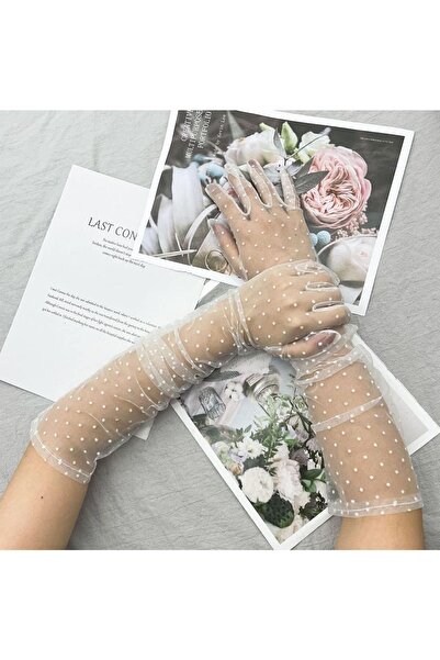 TOYFEST Γάντια από τούλι για ενήλικες 55 cm Λευκά πουά - Νυφικά γάντια από τούλι