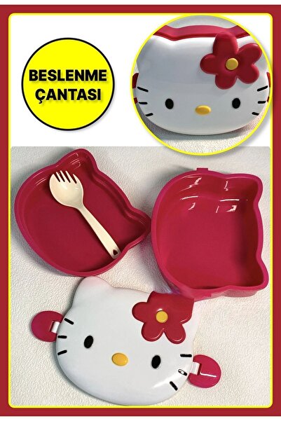 TOYFEST Kawaii 3D Hello Figür Kabartmalı 2 Katlı Çatal ve Kaşıklı Kilitli Bes...