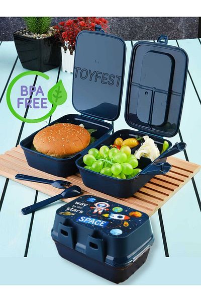 TOYFEST Lock Lid 2 Tiers 4 Compartments Rectangular Lunch Box & Lunch Box with Spoon and Fork - Space