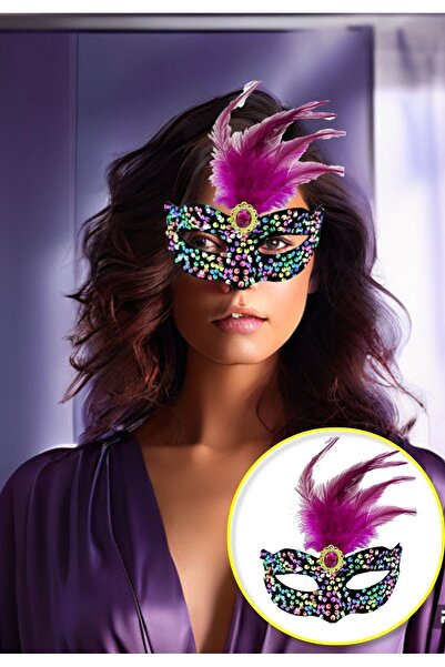 TOYFEST 19x21 cm Black Velvet - Colorful Sequined, Pink Feather and Rhinestones Party Mask